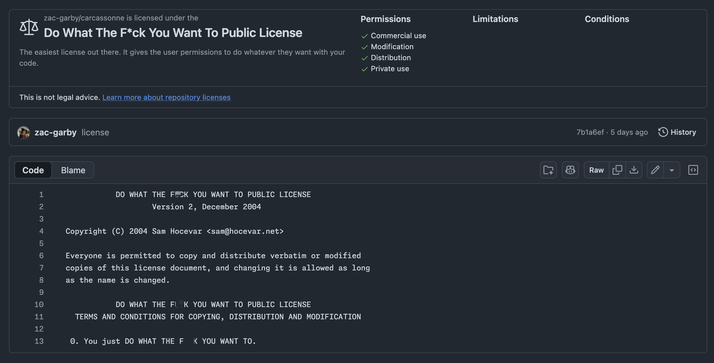 Screenshot of a funny license